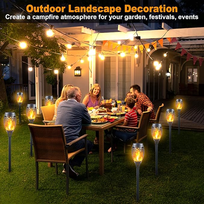 12LED Mini Solar Tiki Torches with Flickering Flame - Waterproof Outdoor Torch Lights with Auto On/Off, Super Bright Landscape Lighting for Yard, Garden, Patio & Pathway Decor (Set of 16)