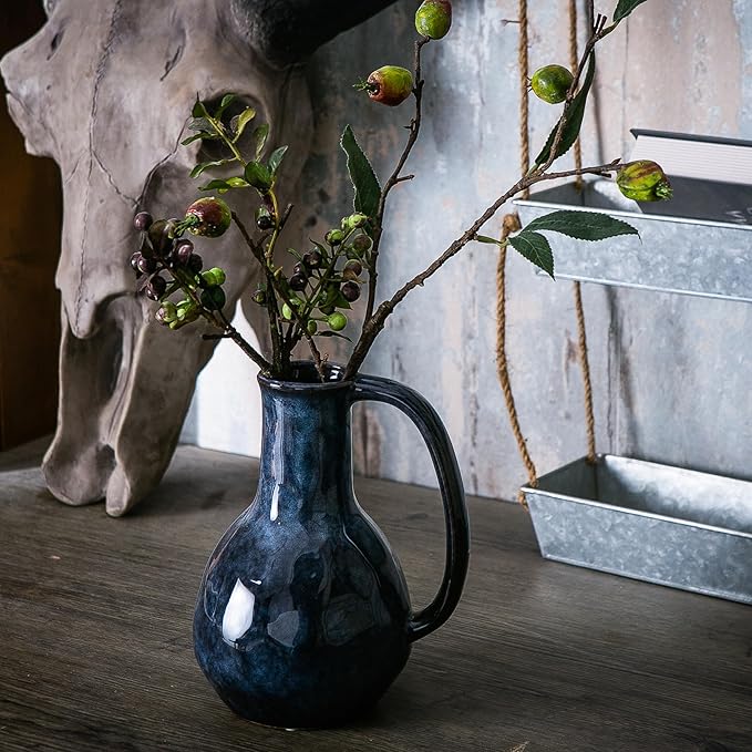 Blue Ceramic Vase with Big Handles, Modern Farmhouse Decor, Rustic Pottery for Flowers, Decorative Terracotta Centerpiece for Dining Table