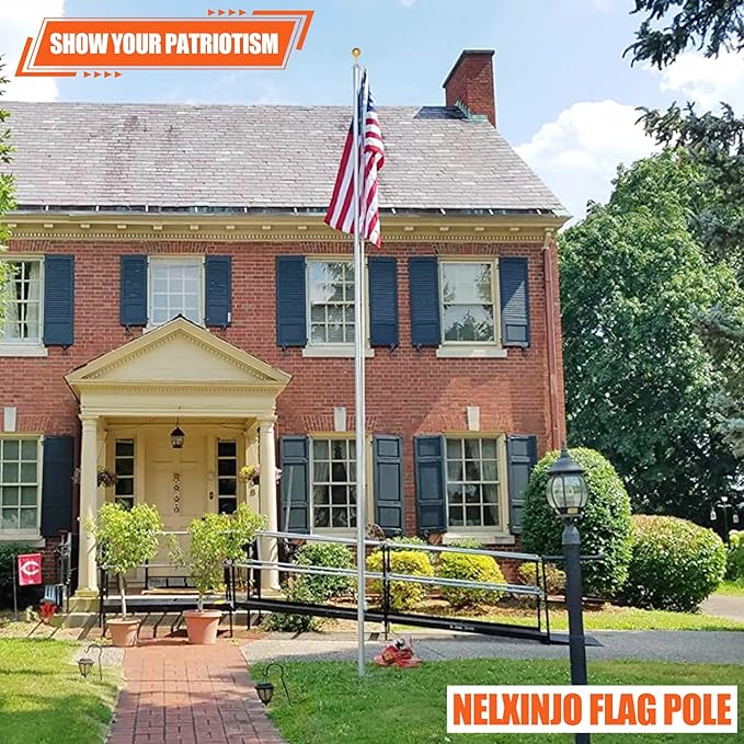 NELXINJO 25FT Sectional Flag Pole Kit, Heavy Duty Aluminum Outdoor In-Ground Flagpole, Gold Ball Top, 3x5 USA Flag for Residential Commercial Outdoor Garden(25FT, Silver)