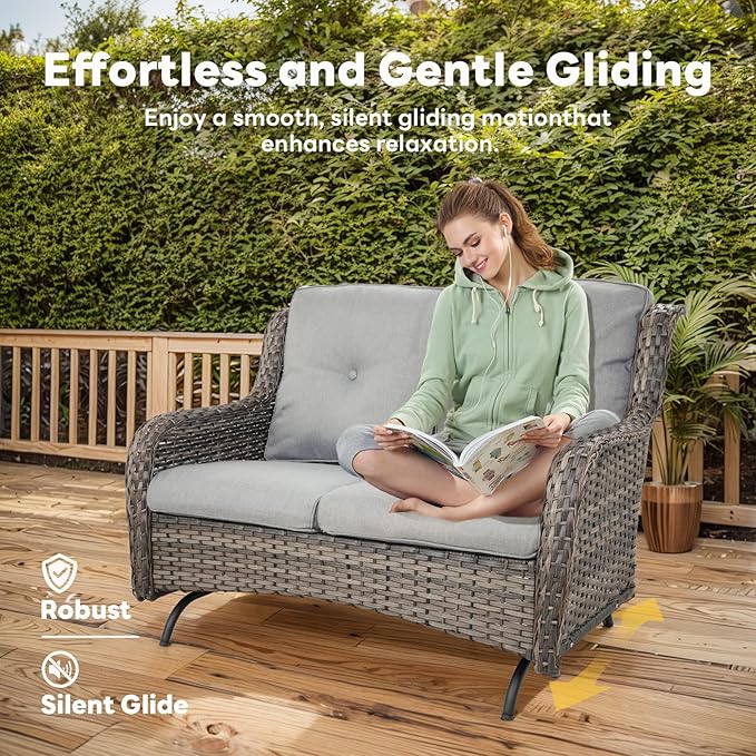 4 Piece Patio Furniture Set - Outdoor Glider Bench with Swivel Rocker Chairs and Coffee Table, High Back Small Outdoor Conversation Furniture Sets for Deck Sunroom Balcony Backyard