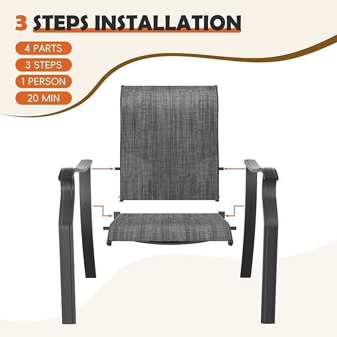 UDPATIO Patio Dining Chairs Set of 2, High Back Wide Seat Outdoor Furniture Chairs with All Weather Breathable Textilene, for Lawn Garden Backyard Deck, Dark Grey
