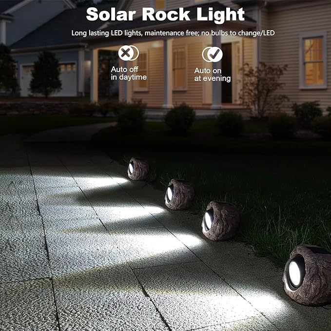 Outdoor Solar Rock Light, Waterproof LED Solar Spotlight, Garden Landscape Lights, Decorative Garden Rock Lights for Paths, Sidewalks, Patio and Landscaping - 4 Pack