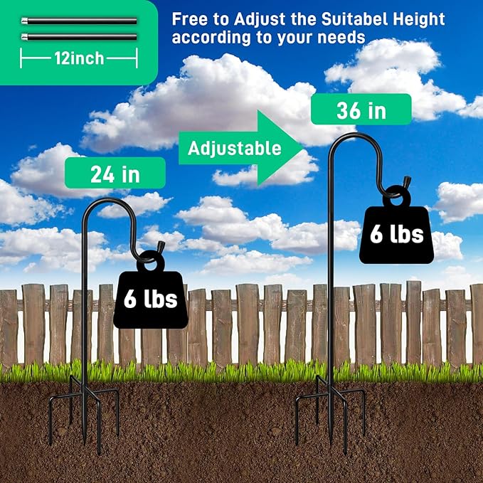 5-Prong Shepherd Hooks for Outdoor, Heavy Duty Iron Garden Hooks for Hanging Plants, Bird Feeders, Lanterns, Solar Lights, and Wedding Decor – Rust-Resistant, Adjustable, Easy to Install 36 Inch
