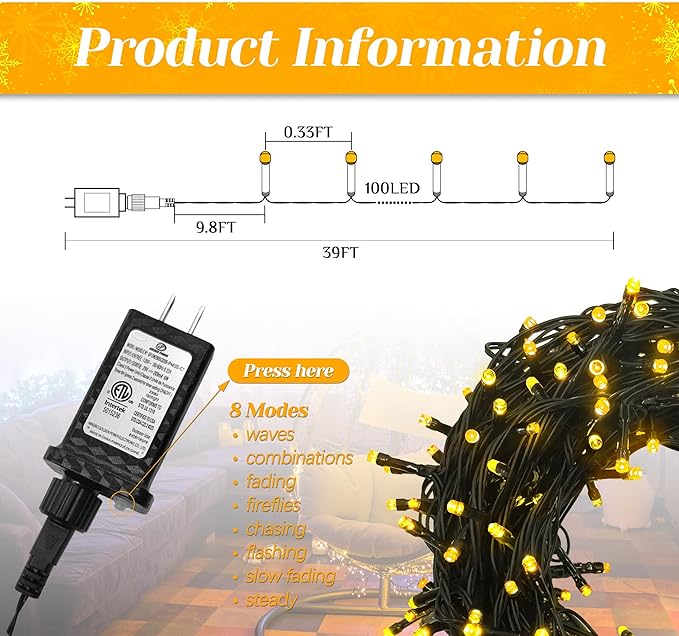 100 LED Christmas String Lights, 39FT Indoor Christmas Lights Plug-in with 8 Modes & Timer & Memory Function, Waterproof Christmas Lights Outdoor for Holiday Party Christmas Tree Decor