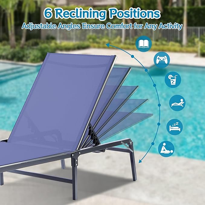 Outdoor Chaise Lounge Chair Set of 2, Foldable & Assemble-Free, 6 Adjustable Positions, Durable Rust-Resistant Frame, Portable Outdoor Pool Lounge Chairs for Pool Patio Beach, Blue