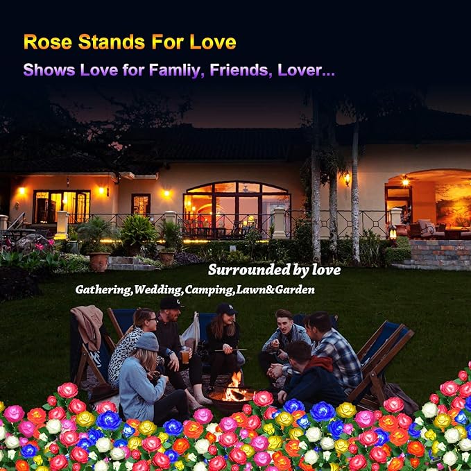 Solar Flower Lights Outdoor - Upgraded New Material Two Modes Realistic LED Solar Powered Waterproof Lights with 5 Roses, Solar Decorative Stake for Garden (Blue, 2 Pack)