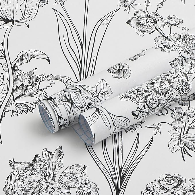 Dimoon 393"x17.3" Floral Peel and Stick Wallpaper White Contact Paper Waterproof Black Lines Wallpaper Vintage Flower Thicken Plant Self Adhesive Removable Wall Covering Shelf Liner Decal Vinyl Roll