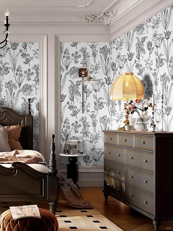 Dimoon 393"x17.3" Floral Peel and Stick Wallpaper White Contact Paper Waterproof Black Lines Wallpaper Vintage Flower Thicken Plant Self Adhesive Removable Wall Covering Shelf Liner Decal Vinyl Roll