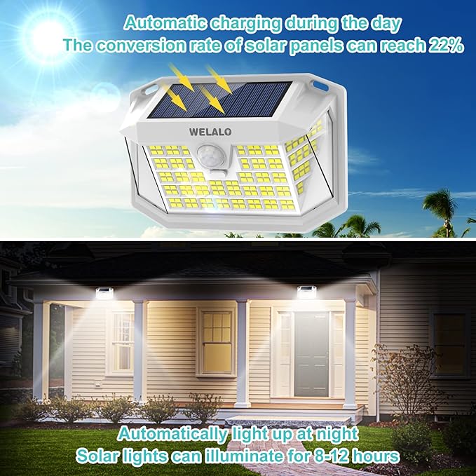 Solar Motion Lights Outdoor, [3 Modes/6 Pack/188 LED] 270° Wide Angle Lighting, Security Solar Powered Wall Lights, IP65 Waterproof Flood Lights for Fence Porch Yard Patio(White)