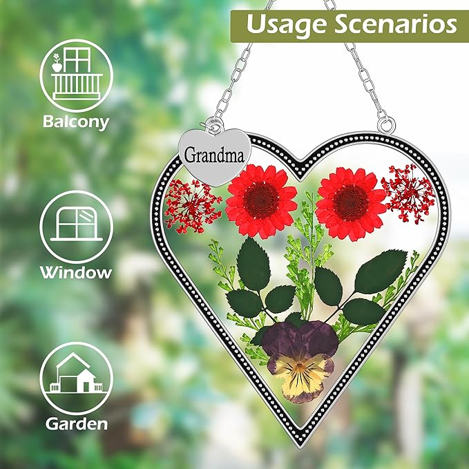 KY&BOSAM Heart Suncatcher Grandma Gifts Glass Butterfly Suncatchers for Window Pressed Flower Between Heart in Glass Metal Engraved Charm Gift for Women Mother's Day Valentine's Birthday Christmas