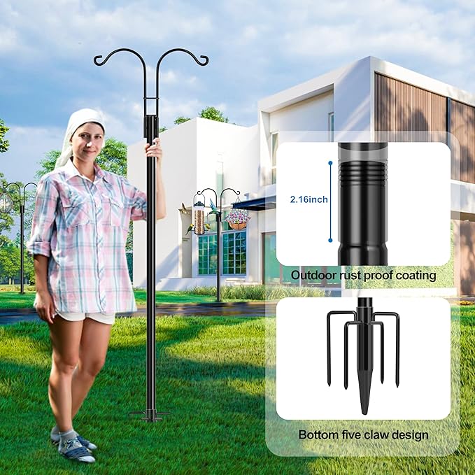 Ottsuls Bird Feeder Pole, 2 Pack 108 INCH Double Shepherds Hooks for Outdoor, Garden Pole with 5 Base Prongs Heavy Duty Planter Hooks for Hanging Plant Baskets, Lantern, Hummingbird Feeder