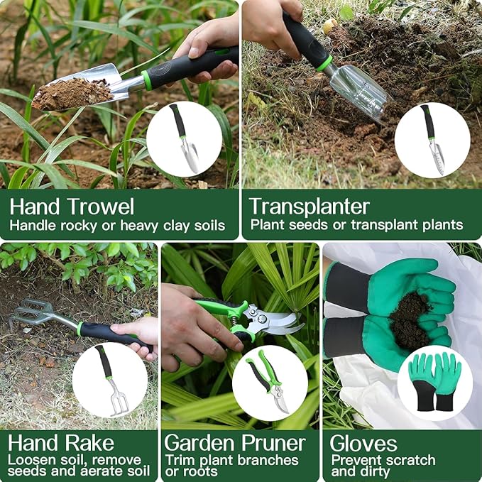 Gardening Tools Set, 8PCS Heavy Duty Garden Tools with Non-Slip Rubber Grip with Large Garden Bag for Tools Aluminum Alloy Hand Tools for Gardening,Gardening Gifts for Women and Men, Green