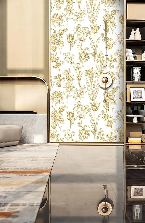 Dimoon 393"x17.3" Floral Wallpaper Peel and Stick Flowers Golden White Contact Paper Thicken Waterproof Modern Self Adhesive Plants Wallpaper Removable Wall Paper Shelf Vinyl Roll