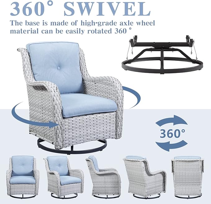 Wicker Outdoor Furniture Patio Furniture Set - 6 Piece Patio Conversation Set with Swivel Rocker Chairs, Rattan Sofa, Ottomans and Coffee Table, Baby Blue Cushion