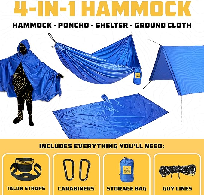 Wise Owl Outfitters Camping Hammock – 500lbs Portable Hammock with Tree Straps - Travel, Backpacking, Hiking, Outdoors Camping Gear - Single or Double