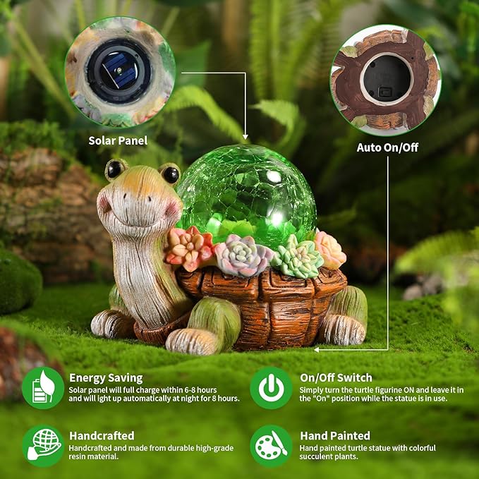 Solar Turtle Garden Statue Lights for Outdoor Decor with Cracked Glass LED Figurine Lighting Resin Succulent Tortoise Decorations Patio Lawn Yard Housewarming Mom Gifts