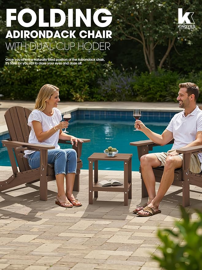 KINGYES Folding Adirondack Chair Set of 6, Dual Cup Holders & All-Weather HDPE, Wood-Like Patio Chair for Backyard, Camping, Pool & Fire Pit, Brown