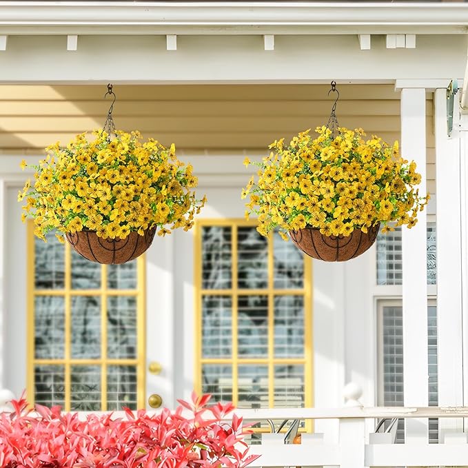 Artificial Faux Hanging Plants Flowers Basket Outdoor Indoor Patio Lawn Garden Spring Decor, Fake Silk Daisy in Basket with 12inch Coconut Lining Chain Palm Flowerpot(Yellow)