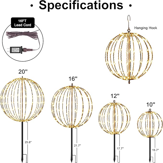 LIGHTSHARE 10IN 48LED Light Ball Yard Decoration Pathway Lights Sphere Light with Fold Flat Metal Frame Indoor Outdoor Waterproof Garden Lights, Brown Frame / Warm White Lights, 10