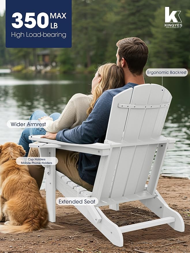 KINGYES Folding Adirondack Chair Set of 4, Dual Cup Holders & All-Weather HDPE, Wood-Like Patio Chair for Backyard, Camping, Pool & Fire Pit, White