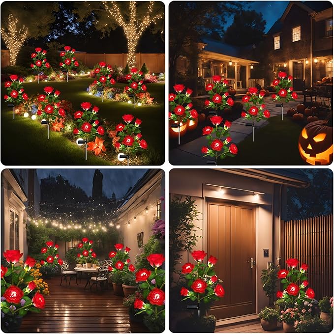 2 Pack Solar Garden Lights Outdoor, 7-Flower Rose LED Stake Light for Yard Patio Pathway Lawn Fence Cemetery, Red