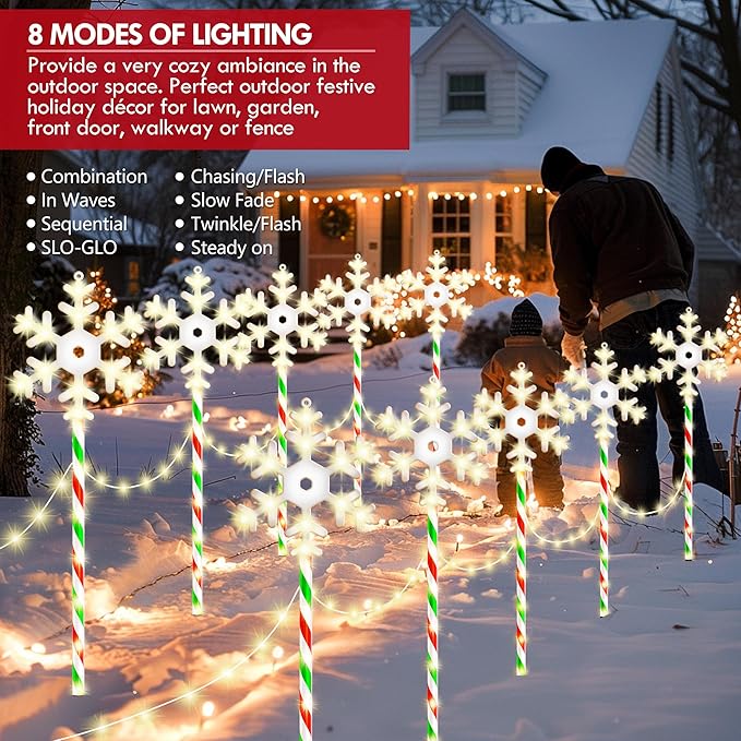 Christmas Pathway Lights Snowflake Outdoor 10PK 28inch 250LED 8 Modes Yard Decoration Flashing Waterproof Outdoor Lighted Up Christmas Light Decor for Garden Yard (R&G)