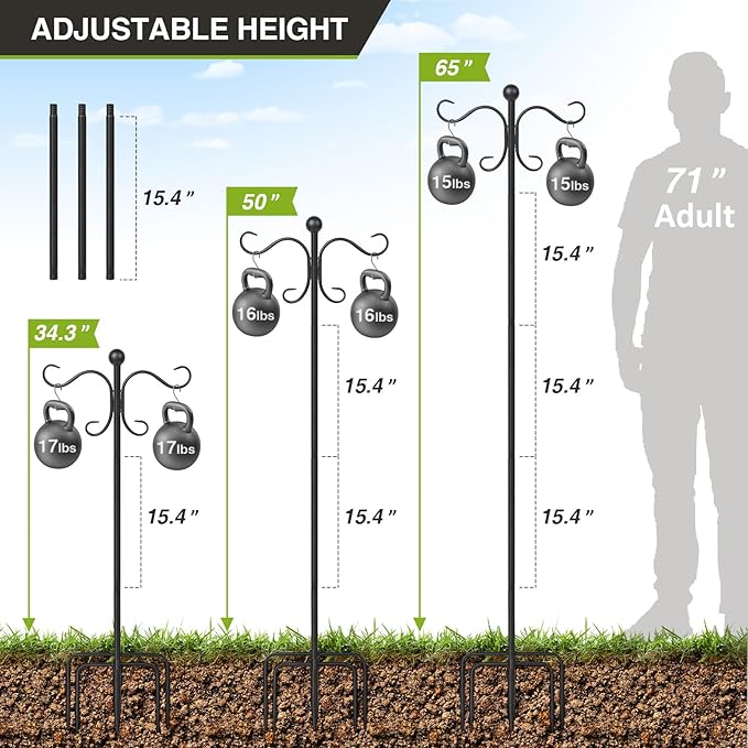 2 Pack 76 Inch Adjustable Double Shepherds Hooks for Outdoor Heavy Duty, Two Sided Garden Bird Feeder Pole for Hanging Plant Baskets, Solar Lights, Weddings Decor