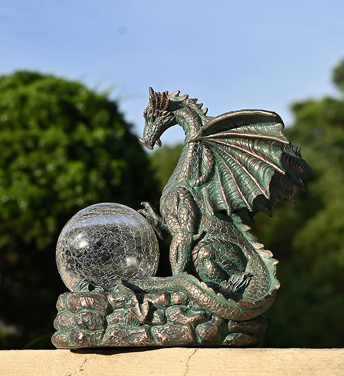 TERESA'S COLLECTIONS Garden Sculptures & Statues, Solar Dragon Outdoor Statues Figurines, Resin Bronze Gothic Garden Decor Lawn Ornaments Patio Yard Decorations Gifts for Mom Women, 8"