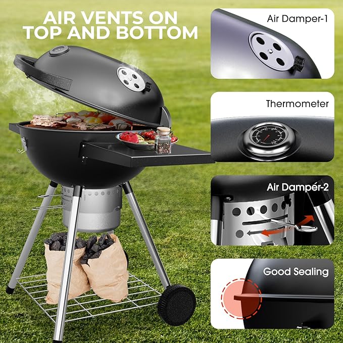 Premium 22 Inch Charcoal Grills with 2 Foldable Tables, BBQ Grill with Cover, Outdoor Barbecue Grill with Ash Catcher, Portable Charcoal Kettle Grills with Wheels for Camping Party Backyard