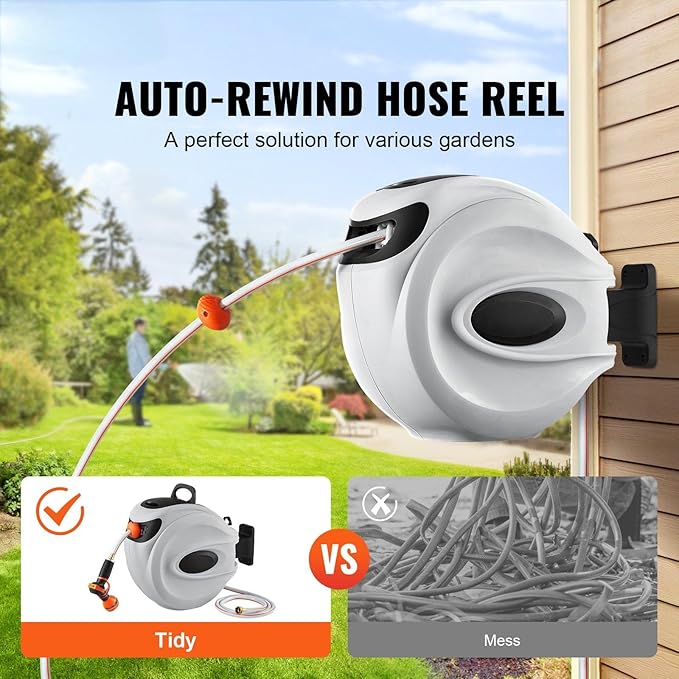 65' x 5/8" Retractable Hose Reel Wall-Mounted with 180° Swivel–Heavy-Duty Automatic Water Hose Storage for Garden,Yard,and Outdoor Use