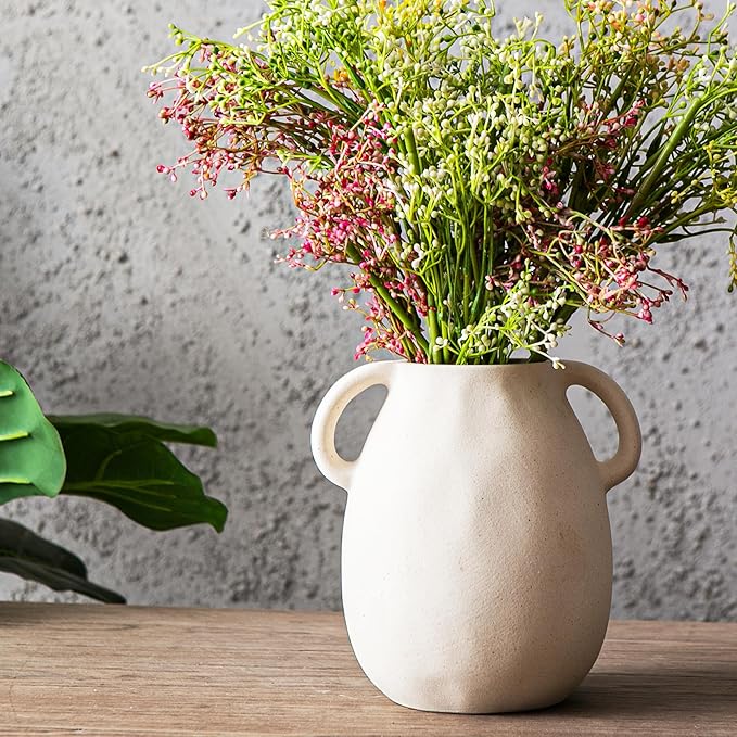 Kimdio White Ceramic Vase with 2 Handles – Sand-Glazed Clay Pottery Vase for Dried Flowers, Rustic Modern Table Decor, Farmhouse Boho Shelf Decoration