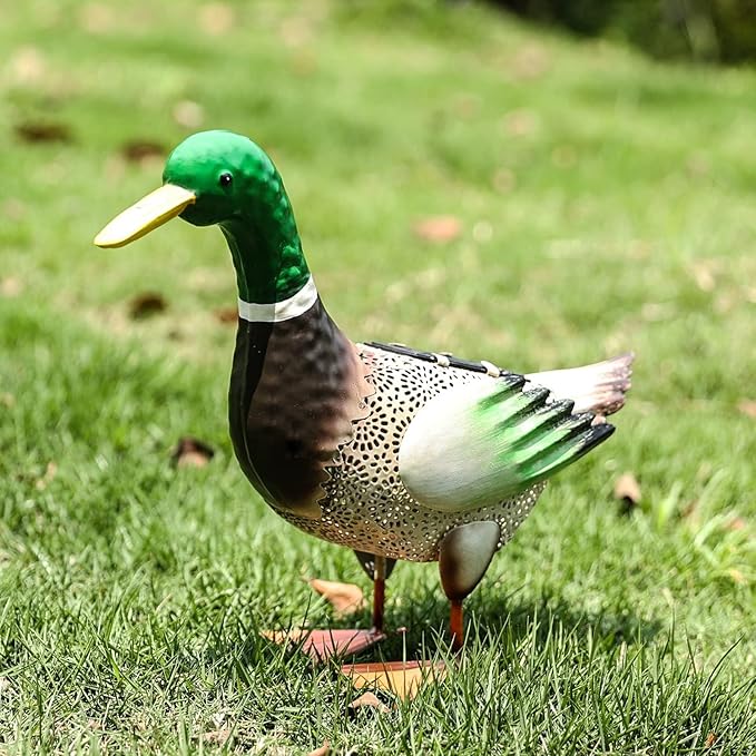 Metal Outdoor Duck,with Solar Light Duck Ornament, Metal Mallard Sculptures, for Backyard Patio Decor and Garden Lawn Decor, Mother's Day and Father's Day Gifts9.8H (Mallard)