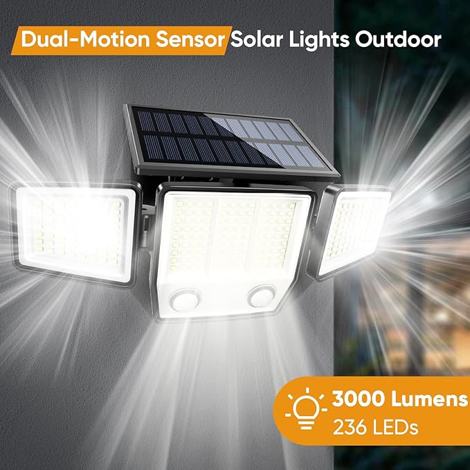 Solar Motion Sensor Outdoor Lights Waterproof - 3000LM 3 Modes Security Lights Outdoor 270° Illumination IP65 LED Flood Wall Light for Garden Yard Patio Pathway (2Pack+Remote Control)