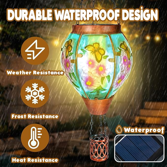 4 Pack Solar Hot Air Balloon Lantern with Flame， Butterfly Glass Outdoor Solar Lanterns for Outside Hanging Farmhouse Patio Pathway Decor, Butterfly Gifts for Women Grandma Mom - Butterfly
