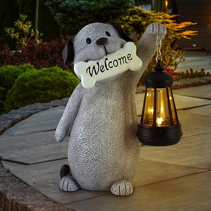 Solar Dog Statues for Garden Decor - Outdoor Dog Figurines with Solar Lantern for Yard Patio Lawn Balcony Ornaments - Garden Gifts for Mothers Day, Grandma, Easter