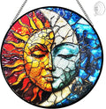 Sun and Moon Decor Stained Glass Window Hanging Suncatchers - Sun Catchers Indoor Window Christmas Decorations - Stained Glass Suncatcher with Hooks and Chain - Celestial Decor Gift for Men Women