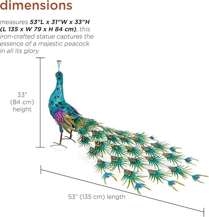 Alpine Corporation HEH378 Metal Jumbo Sized Majestic Peacock Decor, Elegant Garden & Patio Bird Statue, 33" H, Blue