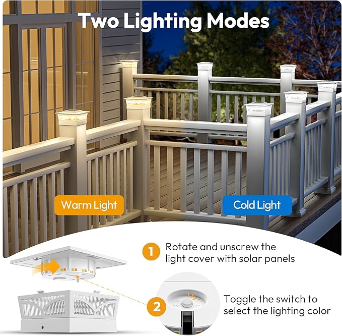 NIORSUN Solar Post Cap Lights Outdoor, 2 Modes LED, Deck Fence Post Solar Lights for 3.5x3.5 4x4 5x5 Caps Patio Garden Decoration, Warm White/Cool White Lighting White 4 Pack