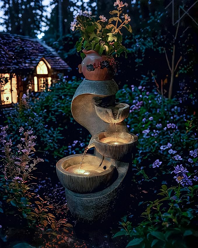 20" H Outdoor Water Fountain, Modern Outdoor Garden Fountains with LED Lighted for Garden, Patio, Deck, Backyard and Home Art Decor