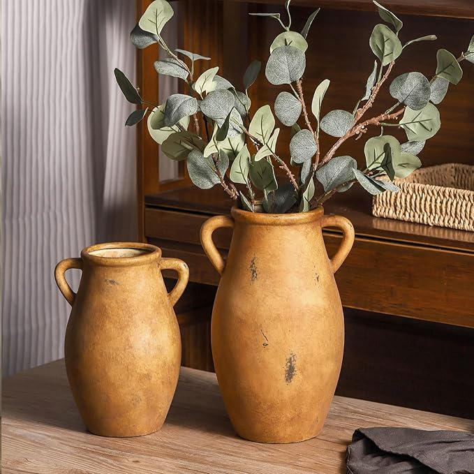 Large Ceramic Flower Vase,11.3 inch Terracotta Vase with 2 Handles, Rustic Farmhouse Vases, Decorative Pottery Flower Vases for Home Decor, Living Room Shelf Decor, Table
