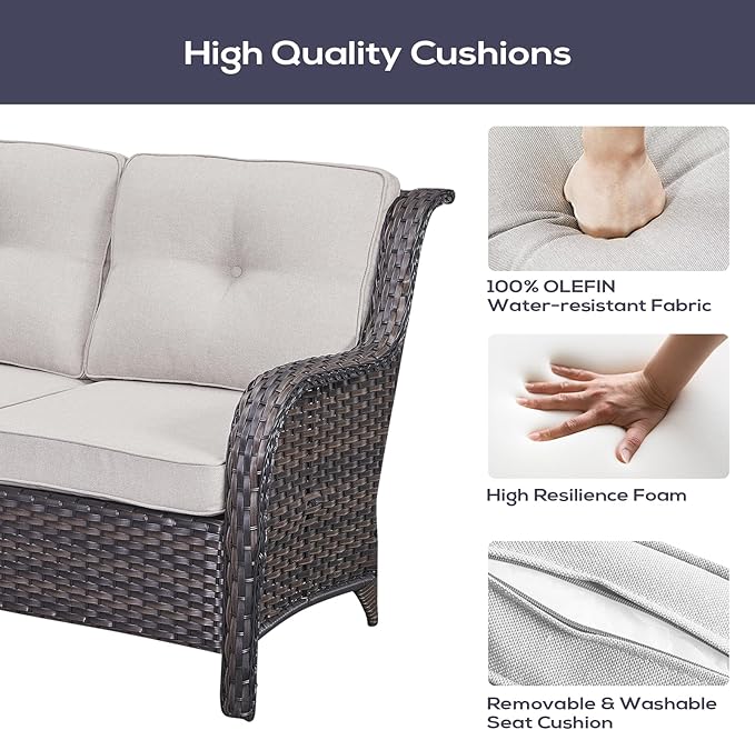 Outdoor Patio Furniture Set with Propane Fire Pit Table, 7 Pieces Wicker Patio Conversation Set with 2 Swivel Glider Rocker Chair Rattan Sofa Beige Cushion Perfect for Casual Gathering