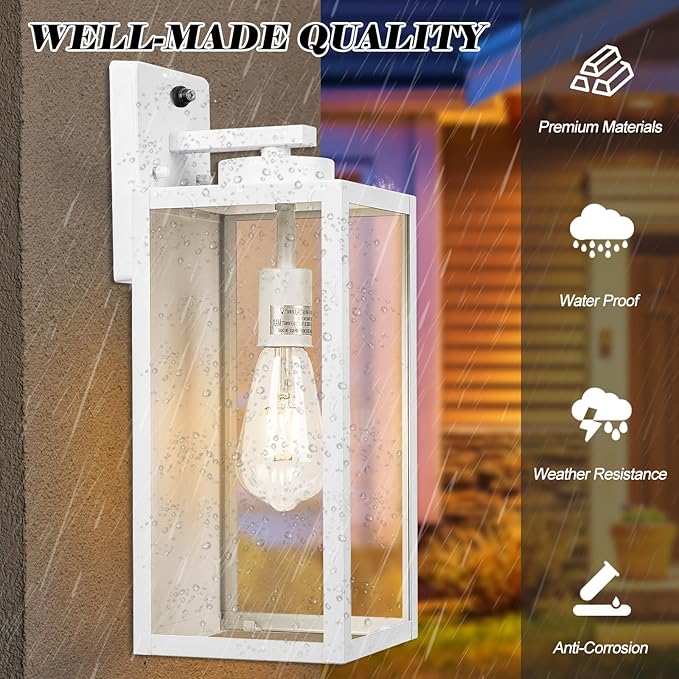 16-inch White Dusk to Dawn Outdoor Wall Light Fixtures, Exterior Waterproof Wall Lanterns, Large Porch Sconces Lighting, Modern Outside Lights for House Patio Front Door Entryway, 2-Packs