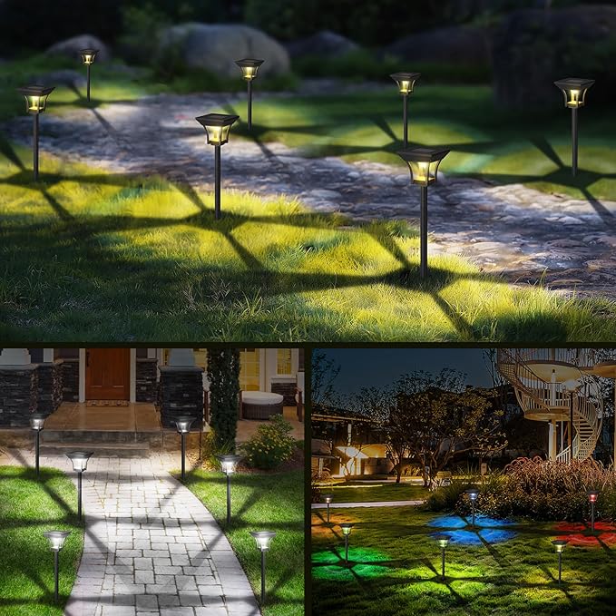 CINOTON 6 Pack RGBCW Solar Pathway Outdoor Lights, 3 Lighting Modes Solar LED Garden Light, IP65 Waterproof Outside Solar Powered Landscape Lighting for Patio Walkway Yard Driveway RGB/Warm/Cold White