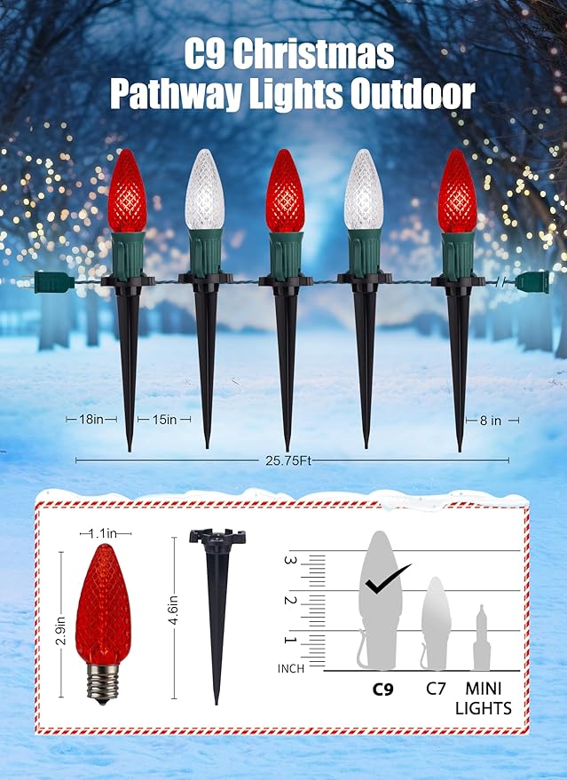C9 LED Christmas Lights Outdoor with Stakes, 25.7 Feet 20 LED C9 Strawberry String Lights, Connectable Shatterproof Pathway Lights Marker for Path, Lane, Patio, Xmas Holiday Decorations, Red and White