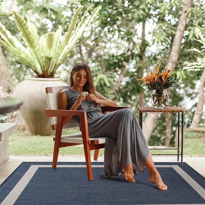 CAMILSON Outdoor Rug 8x10, Modern Outside Rugs for Patios Porches Waterproof Durable Washable Non-Shedding, Easy-to-Clean Indoor Outdoor Area Carpet (8 x 10, Bordered - Blue/White)