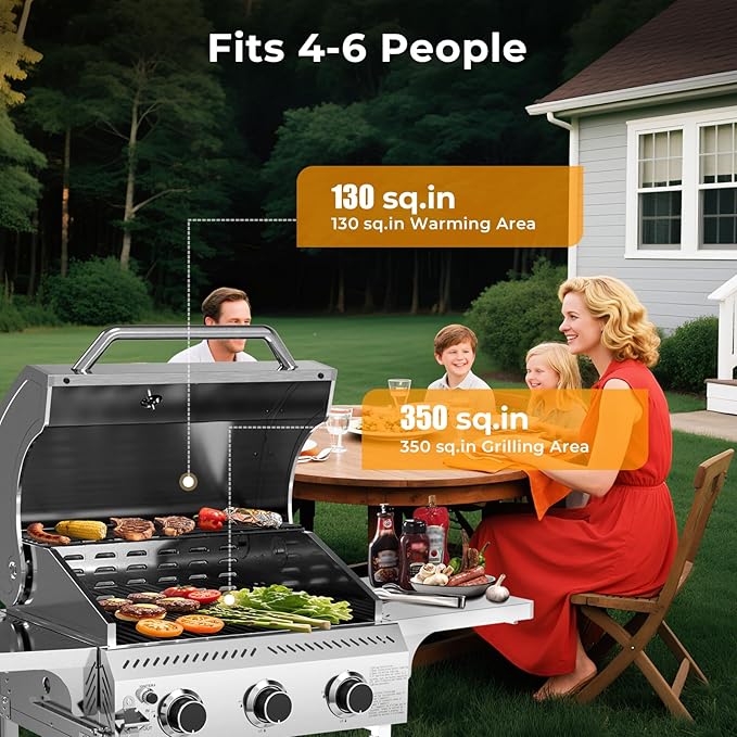 R.W.FLAME Stainless Steel Propane Gas Grill, 3 Burner 24000BTU BBQ Grills, Foldable Side Table, Enamel Wire Grate, Removable Grease Tray, Barbecue Grill for Outdoor Cooking, Backyard, Patio, Deck