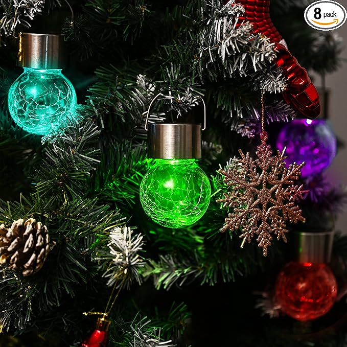 GIGALUMI 8 Pack Solar Hanging Lights, Christmas Decoration Lights with Multi-Color Changing Cracked Glass Hanging Ball Solar Outdoor Lights Waterproof Solar Lanterns for Garden, Yard, Patio, Lawn