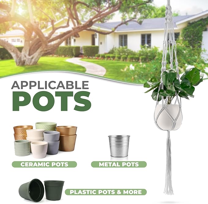Sorbus Macrame Plant Hanger (6 Pack) Indoor Outdoor Hanging Plant Pots Cotton Rope, Elegant for Home, Patio, Garden (White)