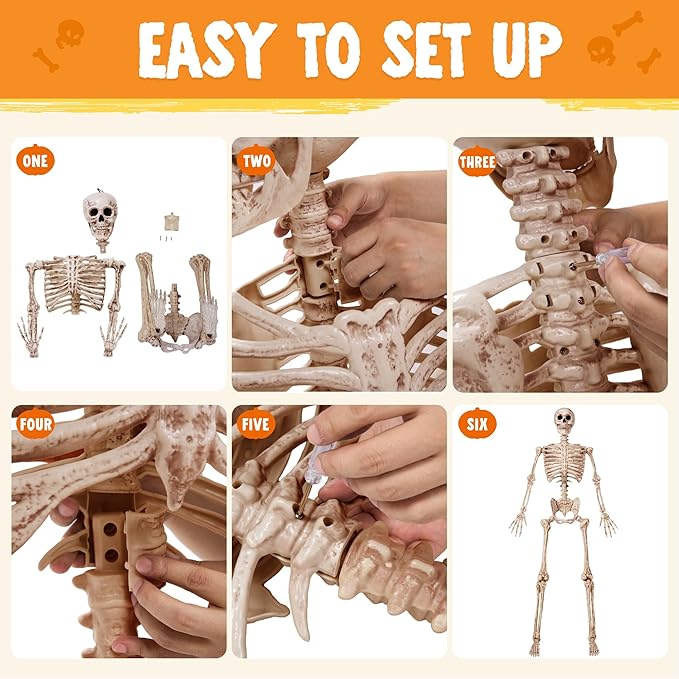 JOYIN 6.9 FT Halloween Skeleton Posable Plastic Full Body Realistic Human Bones with Movable Joints for Indoor Outdoor Halloween Props Spooky Scene Party Decorations（Yellow,No Screwdriver）