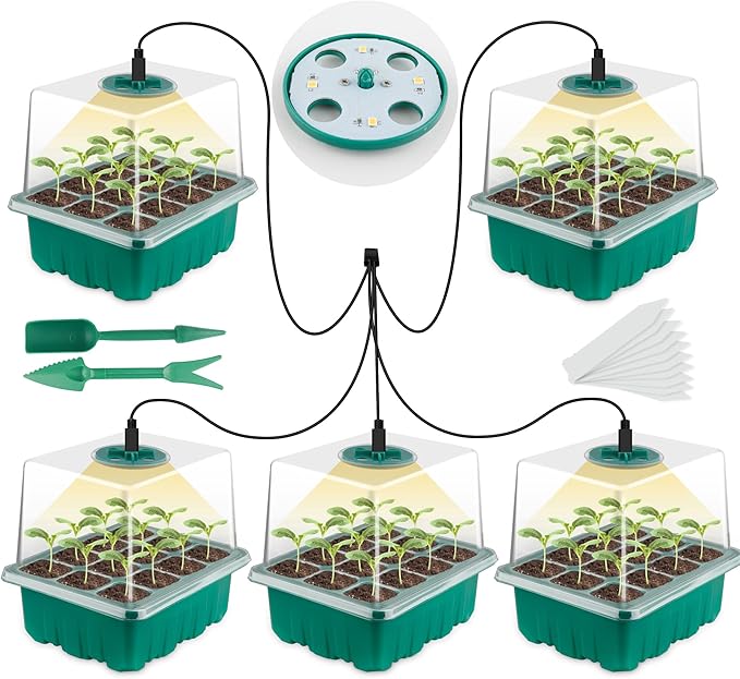 Seed Starter Tray with Grow Light, Seed Starter Kit, Plant Germination Starting Trays with Humidity Dome and Base for Greenhouse Grow Wheatgrass Hydroponic(12 Cells per Tray)(with Grow Lights)